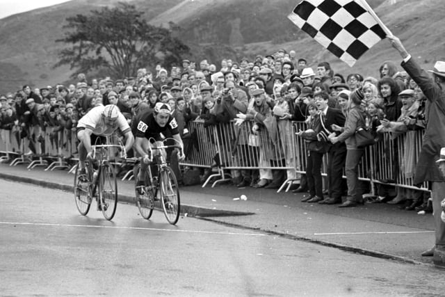 New Zealander Bruce Biddle and Australian Ray Bilney race towards the chequered flag at the finish of the 102 miles cycling road race during the Commonwealth Games in Edinburgh in July 1970. Biddle won the race.