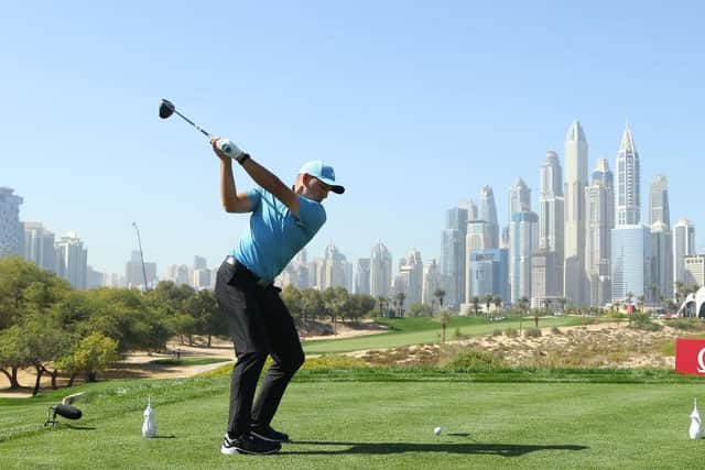 Sergio Garcia tees off on the eighth hole in the first round of the Omega Dubai Desert Classic at Emirates Golf Club. Picture: Warren Little/Getty Images.