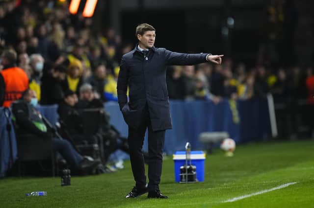 Rangers manager Steven Gerrard issues instructions from the technical area during his team's 1-1 draw against Brondby in Denmark. (Photo by MARTIN SYLVEST/Ritzau Scanpix/AFP via Getty Images)