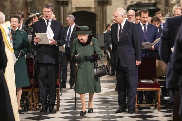 Queen Elizabeth II and the Duke of York arrive at a Service of Thanksgiving for the life of the Duke of Edinburgh, at Westminster Abbey in London. Picture date: Tuesday March 29, 2022.