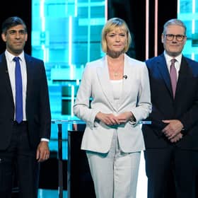 Prime Minister Rishi Sunak, presenter Julie Etchingham, and Sir Keir Starmer. Image: Press Association.