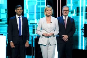 Prime Minister Rishi Sunak, presenter Julie Etchingham, and Sir Keir Starmer. Image: Press Association.