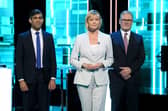 Prime Minister Rishi Sunak, presenter Julie Etchingham, and Sir Keir Starmer. Image: Press Association.