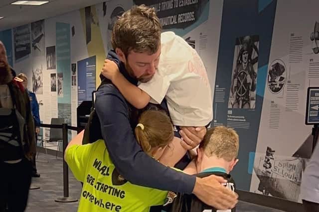 Scott Jamieson received a warm welcome from his kids when he arrived back at Jacksonville Airport after hanging on to his DP World Tour card. Picture: Natalie Jamieson
