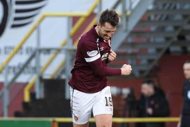 Craig Halkett celebrates after scoring Hearts late equaliser in the 2-2- draw at Dundee United. (Photo by Alan Harvey / SNS Group)