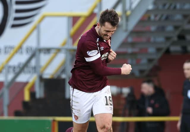 Craig Halkett celebrates after scoring Hearts late equaliser in the 2-2- draw at Dundee United. (Photo by Alan Harvey / SNS Group)