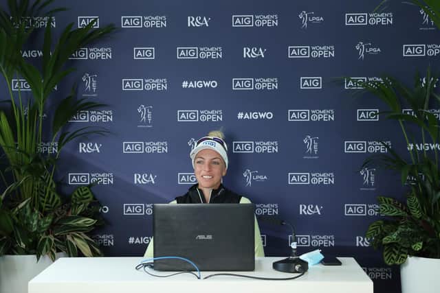 Defending champion Sophia Popov speaks in a press conference prior to the AIG Women's Open at Carnoustie Golf Links. Picture: R&A via Getty Images.