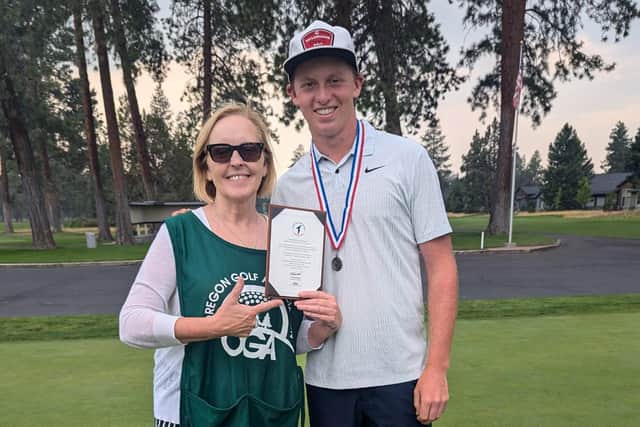 Niall Shiels Donegan celebrates with his mum and caddie for the day, Maggie, after winning a US Amateur Championship qualifier in Oregon by four shots.
