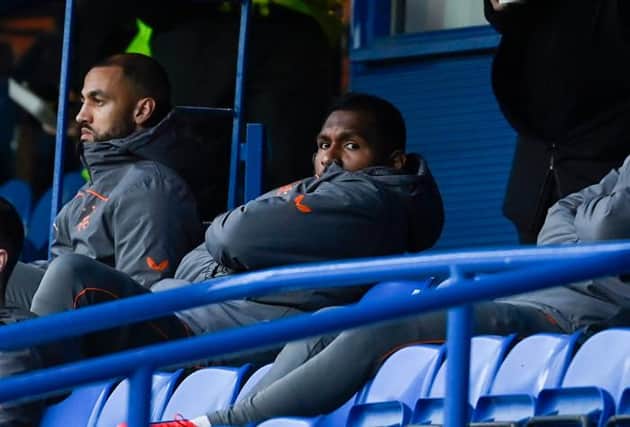 Alfredo Morelos looks on from the substitutes' bench as Rangers beat Livingston 2-0 at Ibrox on Sunday. The Colombian striker is set to return to the starting line-up against Lech Poznan on Thursday night. (Photo by Rob Casey / SNS Group)