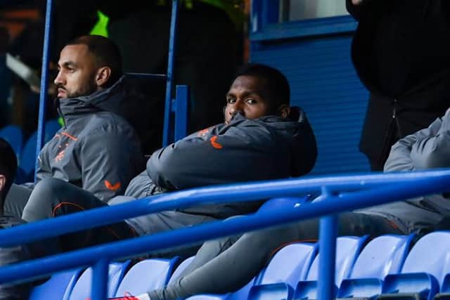 Alfredo Morelos looks on from the substitutes' bench as Rangers beat Livingston 2-0 at Ibrox on Sunday. The Colombian striker is set to return to the starting line-up against Lech Poznan on Thursday night. (Photo by Rob Casey / SNS Group)