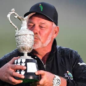 Darren Clarke kisses the trophy after winning The Senior Open Presented by Rolex at Gleneagles. PIcture: Mark Runnacles/Getty Images.