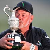 Darren Clarke kisses the trophy after winning The Senior Open Presented by Rolex at Gleneagles. PIcture: Mark Runnacles/Getty Images.