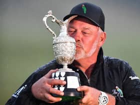 Darren Clarke kisses the trophy after winning The Senior Open Presented by Rolex at Gleneagles. PIcture: Mark Runnacles/Getty Images.