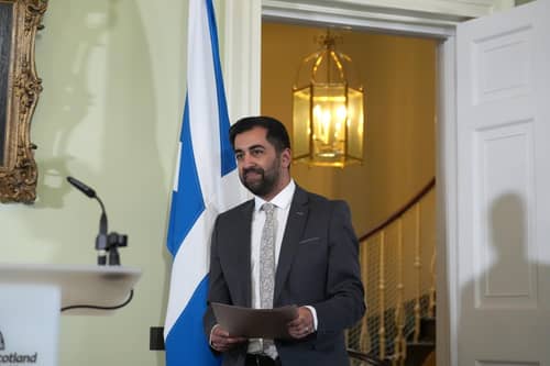 Scottish First Minister Humza Yousaf arrives for his press conference at Bute House, his official residence in Edinburgh.