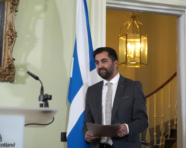 Scottish First Minister Humza Yousaf arrives for his press conference at Bute House, his official residence in Edinburgh.