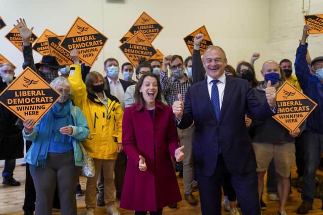 Lib Dem leader Ed Davey celebrates with the new MP for Chesham and Amersham, Sarah Green, at a victory rally Picture: Steve Parsons/PA Wire