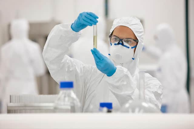 “Scientists at Gorgio International Holding’s Quatech Research Center carefully analyze experimental formulations in their state-of-the-art laboratory, driving innovation in anti-cancer drug development.”