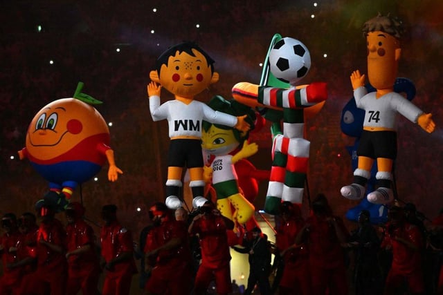 Former World Cup mascots join in the fun at the opening ceremony.