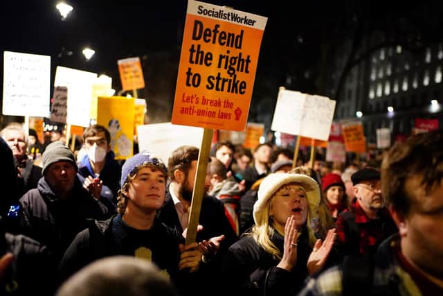 Protesters outside Downing Street, London, demonstrating against the new law on strikes. Picture date: Monday January 30, 2023.