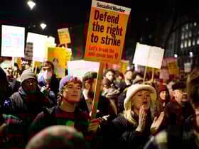 Protesters outside Downing Street, London, demonstrating against the new law on strikes. Picture date: Monday January 30, 2023.
