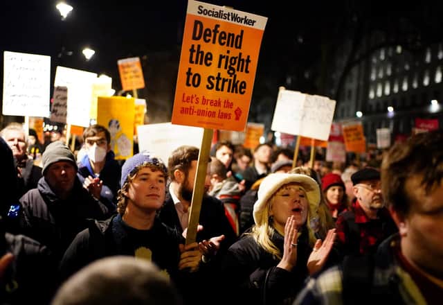 Protesters outside Downing Street, London, demonstrating against the new law on strikes. Picture date: Monday January 30, 2023.