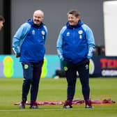 Kieran Tierney, manager Steve Clarke and assistant John Carver during a Scotland training session at Lesser Hampden on Friday. (Photo by Craig Williamson / SNS Group)