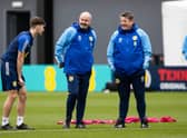 Kieran Tierney, manager Steve Clarke and assistant John Carver during a Scotland training session at Lesser Hampden on Friday. (Photo by Craig Williamson / SNS Group)