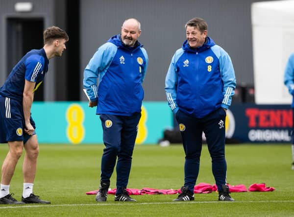 Kieran Tierney, manager Steve Clarke and assistant John Carver during a Scotland training session at Lesser Hampden on Friday. (Photo by Craig Williamson / SNS Group)