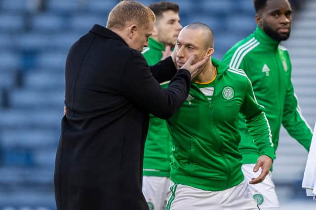 Celtic manager Neil Lennon (left) with captain Scott Brown before the Scottish Cup against Hearts last month, success in which  brought a quadruple treble that has been all-too-quickly forgotten says the midfielder. (Photo by Craig Williamson / SNS Group)