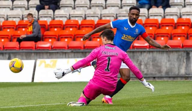 Rangers striker Jermain Defoe is denied by a smart save from Partick Thistle goalkeeper Jamie Sneddon in the first half of the pre-season friendly at Firhill on Monday night. (Photo by Craig Williamson / SNS Group)