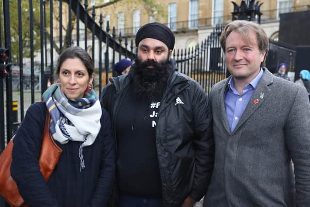 Mr Johal's brother, Gurpreet, was joined at the demoinstration by Nazanin Zaghari-Ratcliffe and her husband, Richard Ratcliffe. Picture: Reprieve