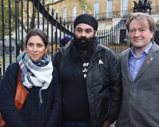 Mr Johal's brother, Gurpreet, was joined at the demoinstration by Nazanin Zaghari-Ratcliffe and her husband, Richard Ratcliffe. Picture: Reprieve