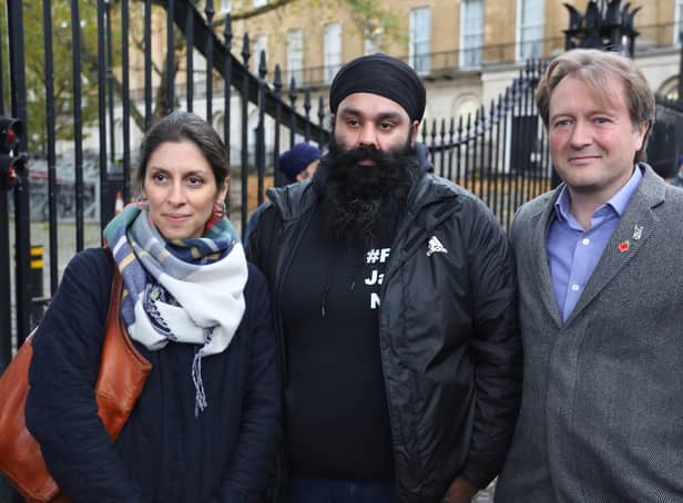 Mr Johal's brother, Gurpreet, was joined at the demoinstration by Nazanin Zaghari-Ratcliffe and her husband, Richard Ratcliffe. Picture: Reprieve