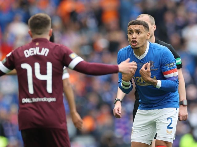 Rangers' James Tavernier (right) gestures during the Scottish Cup final. Both sides were at a stalemate in the first half.