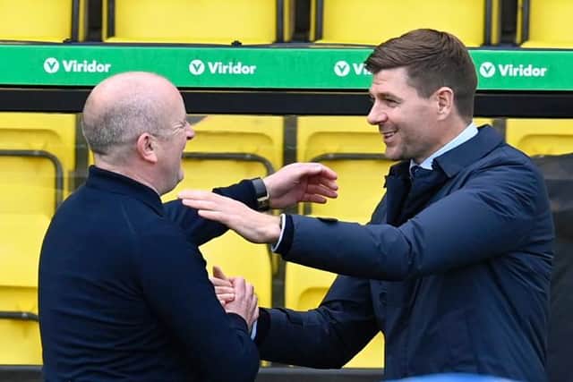 David Martindale (L) and Rangers manager Steven Gerrard ahead of kick off during the Scottish Premiership match between Livingston and Rangers at the Tony Macaroni Arena on May 12, 2021, in Livingston, Scotland.  (Photo by Rob Casey / SNS Group)