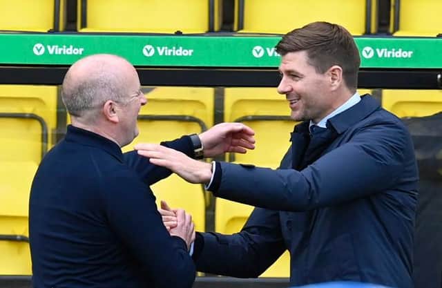 David Martindale (L) and Rangers manager Steven Gerrard ahead of kick off during the Scottish Premiership match between Livingston and Rangers at the Tony Macaroni Arena on May 12, 2021, in Livingston, Scotland.  (Photo by Rob Casey / SNS Group)