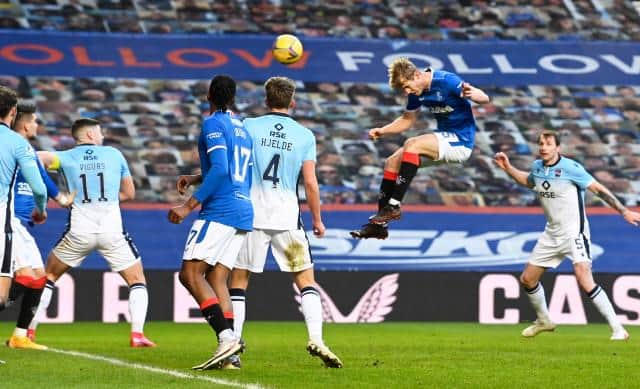 Swedish defender Filip Helander is unmarked as he climbs high to make it 2-0 for Rangers against Ross County at Ibrox. (Photo by Rob Casey / SNS Group)