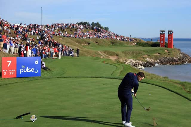 Patrick Cantlay plays his shot from the seventh tee on the opening morning in Kohler, Wisconsin. Picture: Andrew Redington/Getty Images.