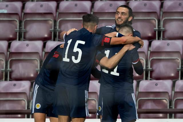 Scotland Under 21 players celebrate a goal during the 2-2 draw with Croatia at Tynecastle Park on November 12, 2020. (Photo by Craig Foy / SNS Group)