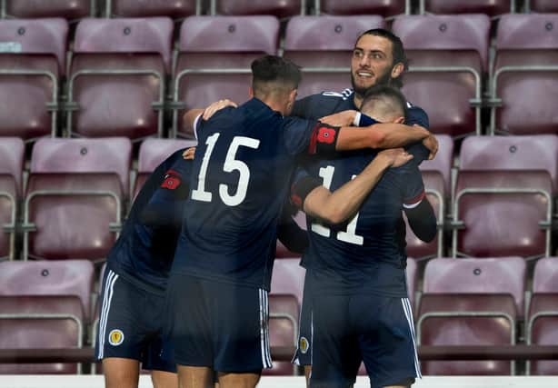 Scotland Under 21 players celebrate a goal during the 2-2 draw with Croatia at Tynecastle Park on November 12, 2020. (Photo by Craig Foy / SNS Group)