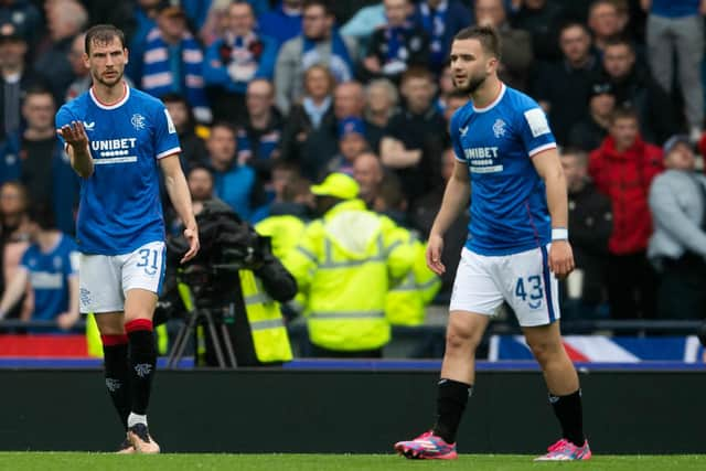 Borna Barisic, left, and Nicolas Raskin were both at fault for Celtic's winner against Rangers.