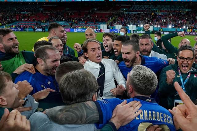 Head coach Italy Roberto Mancini  (C) celebrates at the end of the UEFA Euro 2020 Championship Semi-final match between Italy and Spain at Wembley Stadium on July 06, 2021 in London, England. (Photo by Claudio Villa/Getty Images)