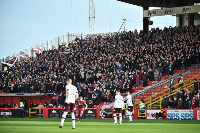 Hearts were backed by a large travelling contingent at Pittodrie.  (Photo by Paul Byars / SNS Group)