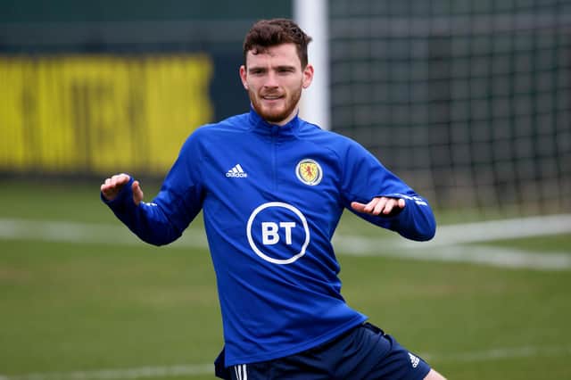Scotland skipper Andy Robertson warms up ahead of the World Cup qualifier against the Faroe Islands - he has been the target for recent criticism (Photo by Craig Williamson / SNS Group)