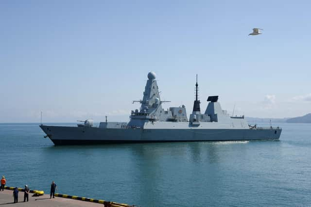 The British Royal Navy destroyer HMS Defender arrives in the Black Sea port of Batumi. Picture: Seyran Baroyan/AFP via Getty Images