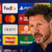 Atletico Madrid manager Diego Simeone addresses the media ahead of the Champions League match at Celtic Park. (Photo by Craig Williamson / SNS Group)