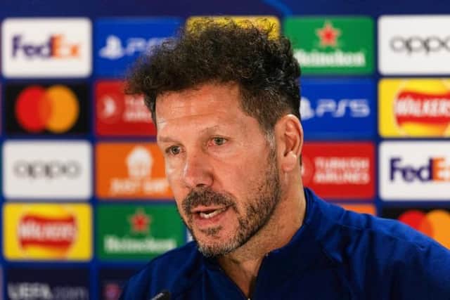 Atletico Madrid manager Diego Simeone addresses the media ahead of the Champions League match at Celtic Park. (Photo by Craig Williamson / SNS Group)