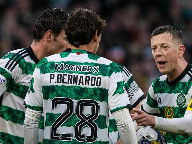 Celtic's Callum McGregor talks to Matt O'Riley and Paulo Bernardo during the draw against Kilmarnock.
