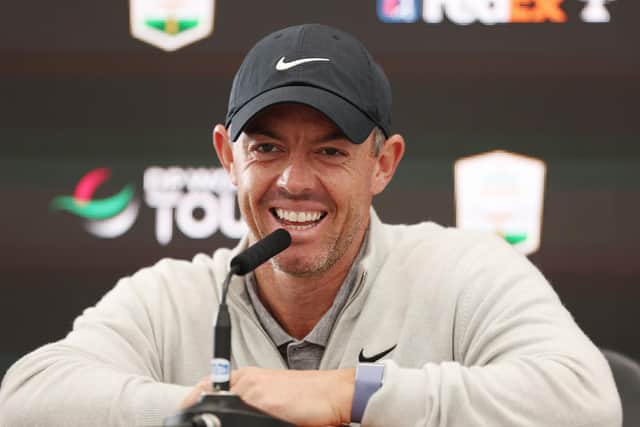 Defending champion Rory McIlroy laughs in a press conference ahead of the Genesis Scottish Open at The Renaissance Club in East Lothian. Picture: Harry How/Getty Images.
