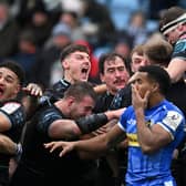 Glasgow Warriors celebrate after scoring a last minute try against Exeter which was later disallowed following a TMO review. (Photo by Harry Trump/Getty Images)